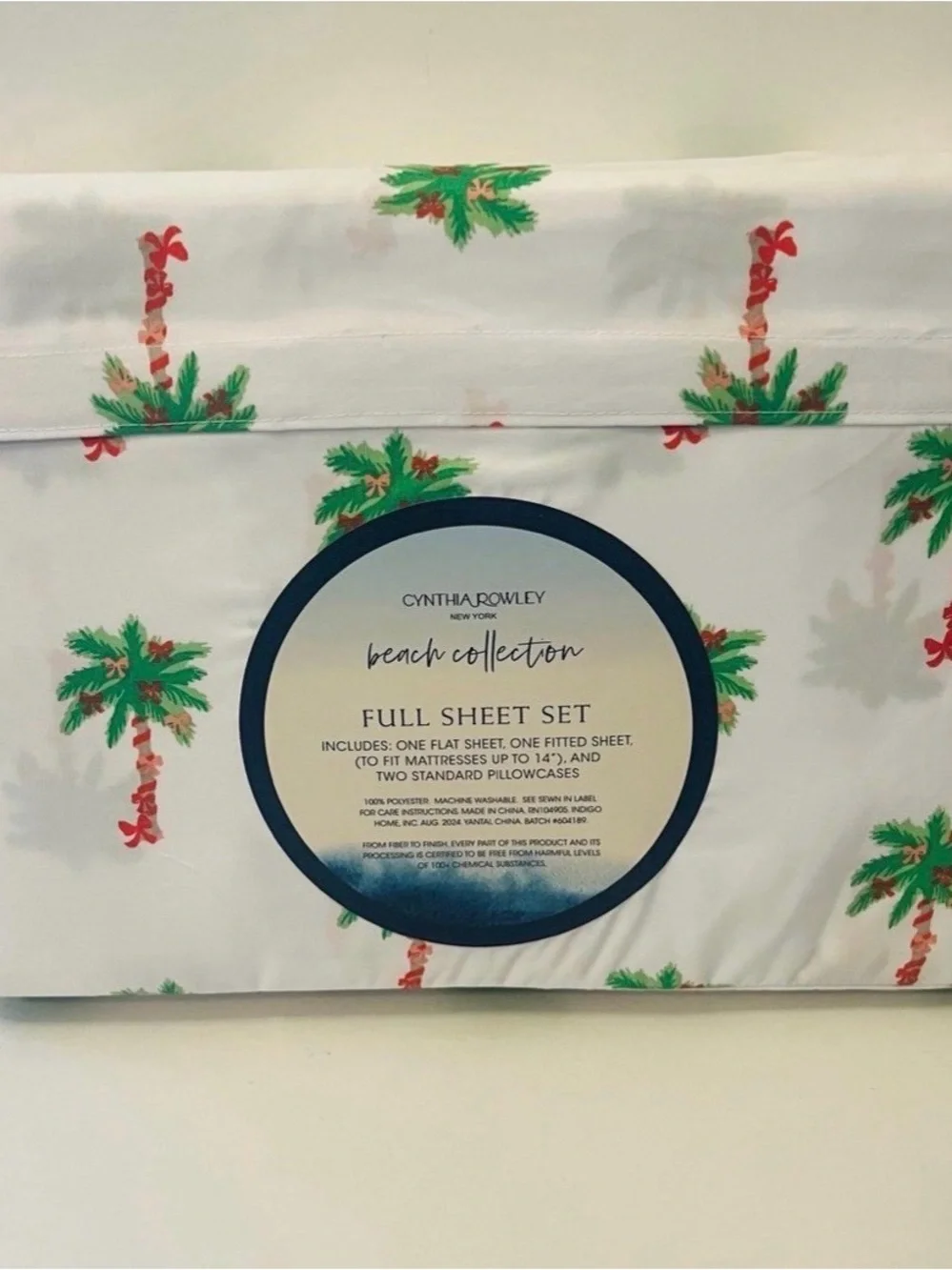 Cynthia Rowley Beach Collection Full Size Sheet Set Bows on Palm Trees